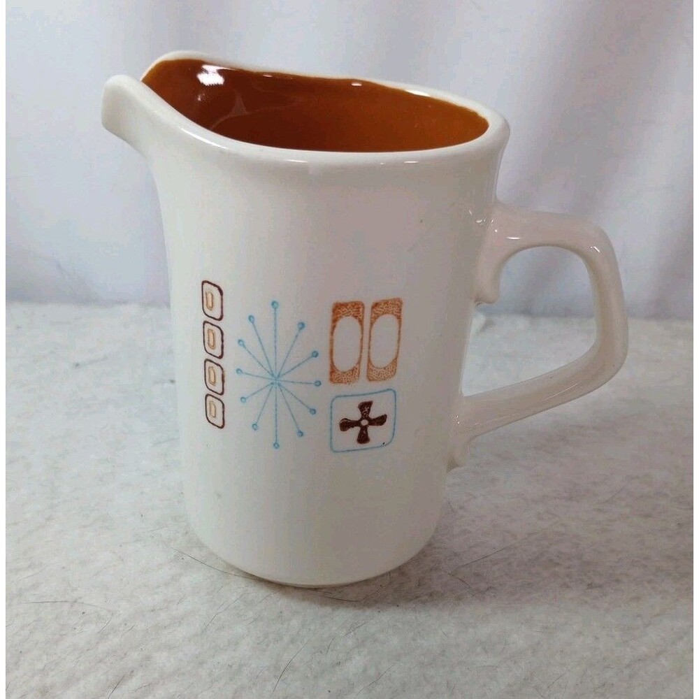 Vintage MCM Creamer Pitcher Atomic Starburst White Brown Ceramic Mid Century